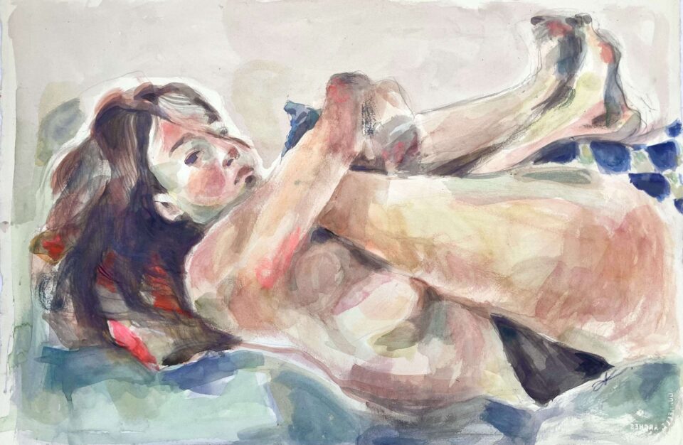 Autoportrait aux coussins, aquarelle sur papier, 57,5x38 cm, 2023