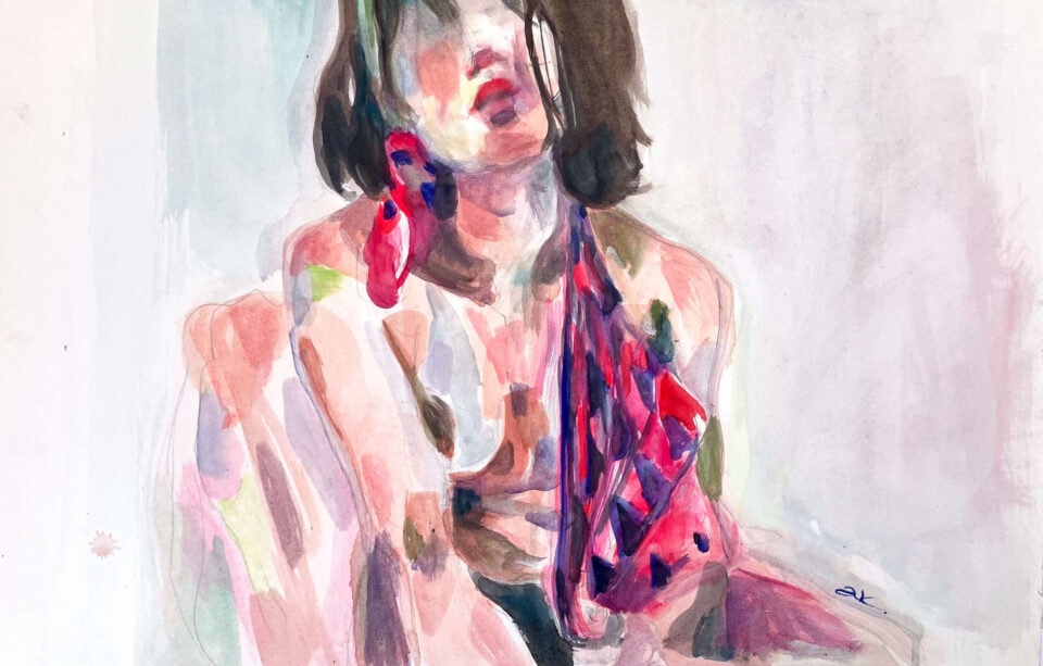 Autoportrait aux foulards, aquarelle sur papier, 57,5x38 cm, 2023