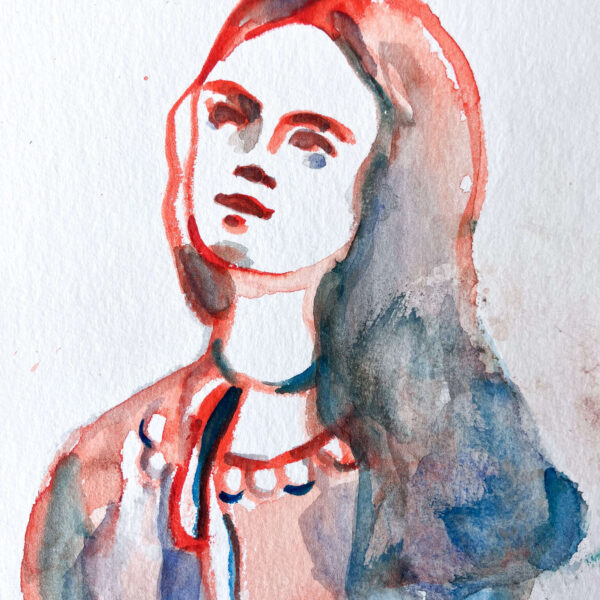 Visage au col noué, aquarelle sur papier, 11x15 cm, 2024